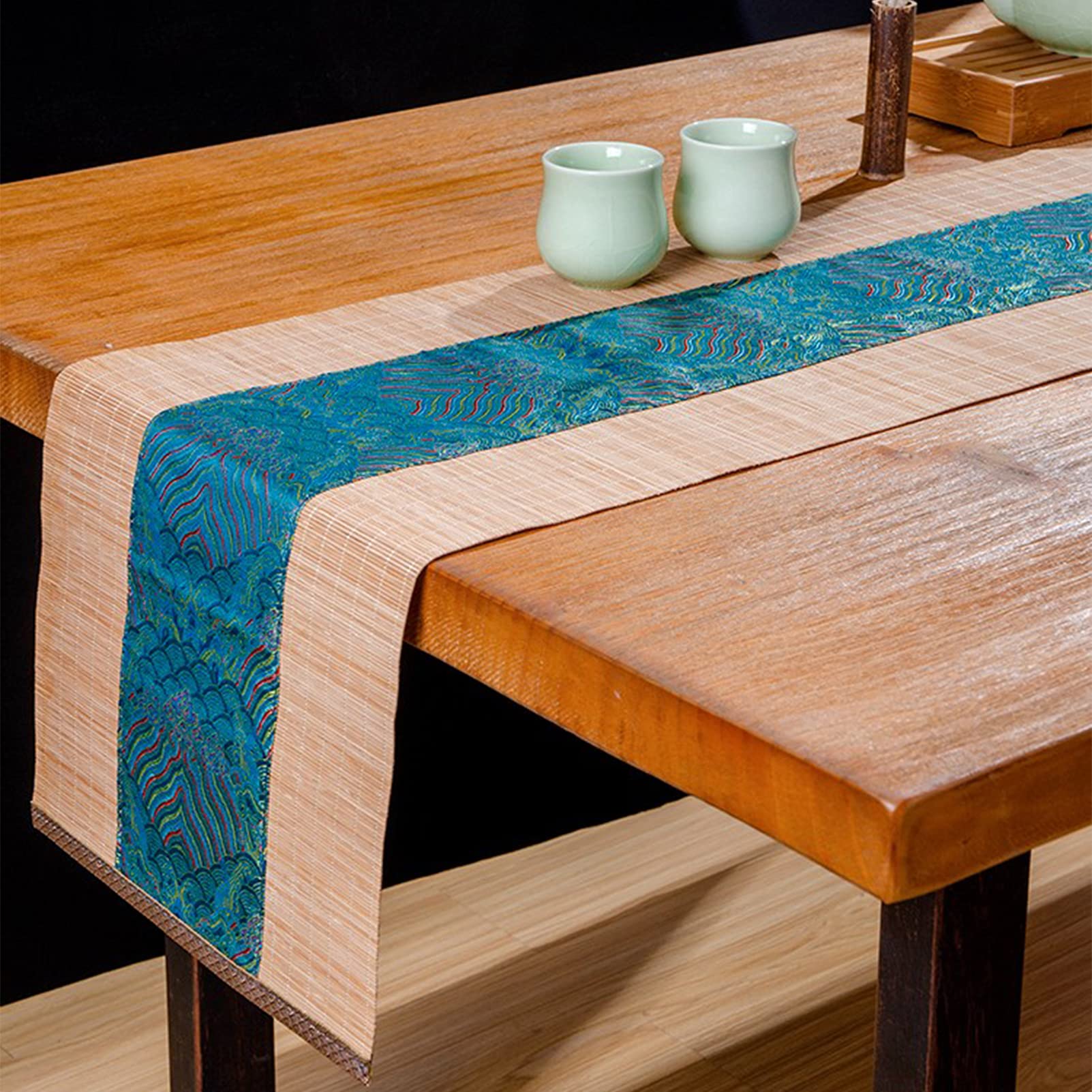MMQGQ Japanese Style Bamboo Table Runner, Colorful Art Cloth Placemat, Tea House Dining Table Heat Insulation Washable Tea Mat, Wipe Clean(Size:30×250cm,Color:D)