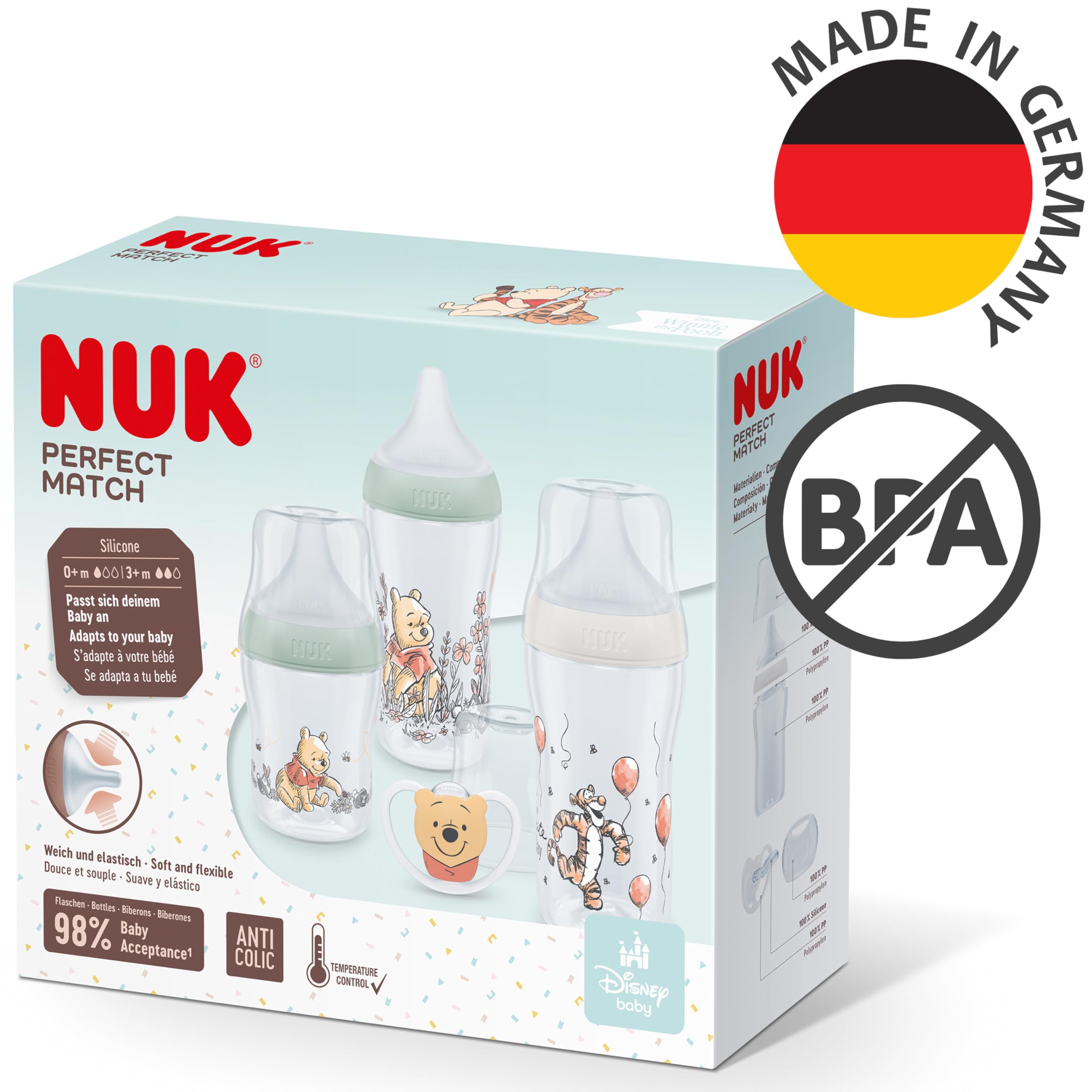 NUK Perfect Match Zestaw butelek dla niemowląt, 0-6+ miesięcy, pasuje do podniebienia dziecka, 3 butelki antykolkowe i smoczek Space, bez BPA, Disney Kubuś Puchatek, 4 szt