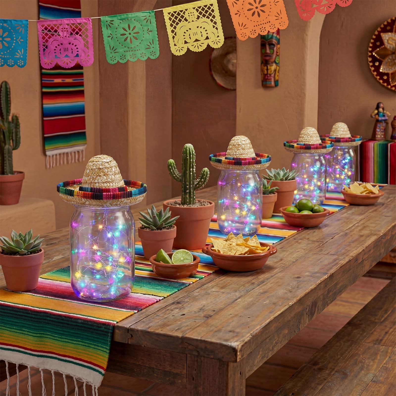 Set di 6 centrotavola messicani per feste messicane decorazioni per feste con barattoli di vetro, cappelli Sombrero, corde luminose per feste a tema taco, matrimoni, compleanni, giorno dei
