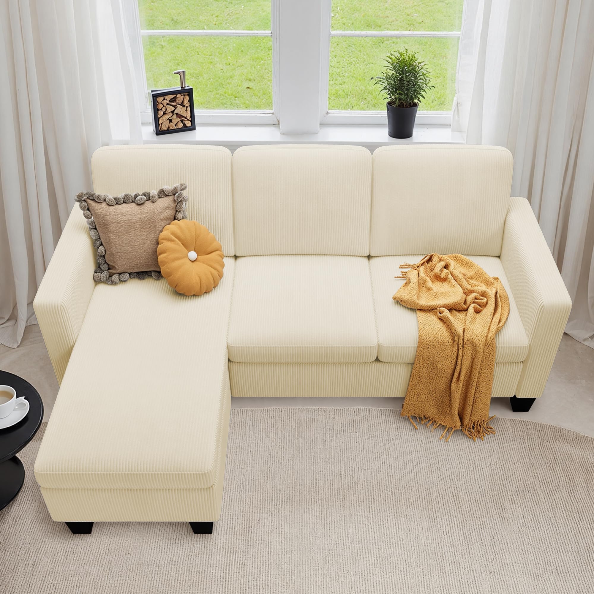 Xbro Divano angolare 3 posti a L con chaise longue fissa, imbottitura in spugna ad alta resilienza, tessuto in cotone e lino traspirante per soggiorno moderno, Giallo beige