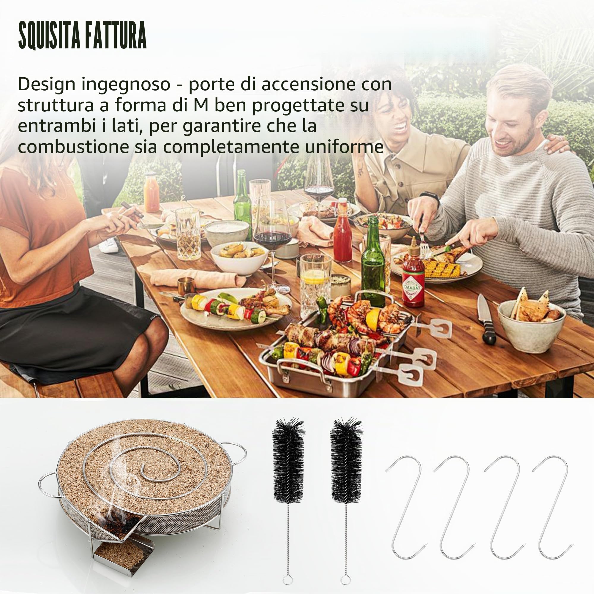 Affumicatore Barbecue Portatile,Generatore Fumo Freddo con Manico,Con 2 Spazzola, 4 Ganci,per griglie, affumicatori e forni per affumicatura, riutilizzabili
