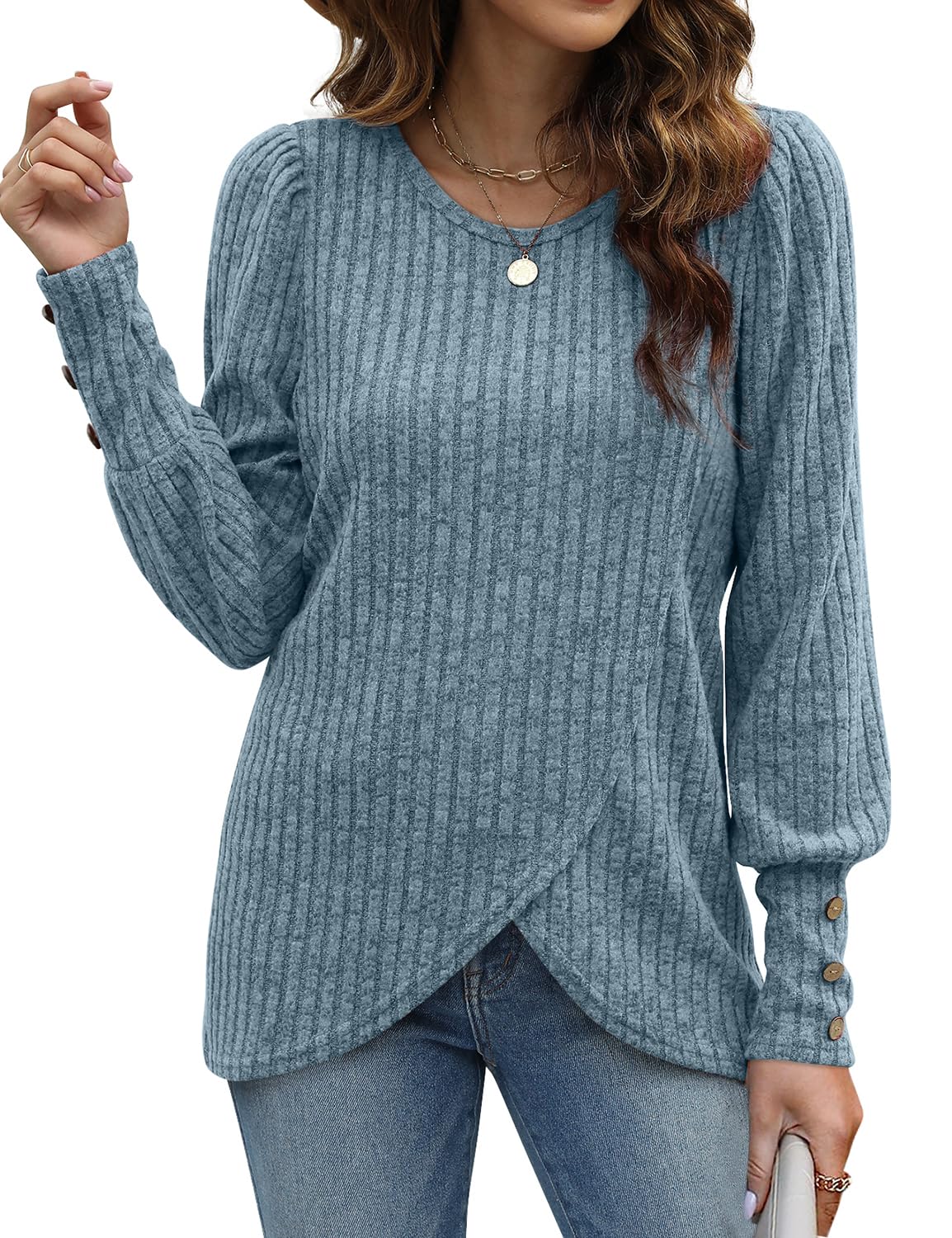 WEESO Lightweight Puffy Lantern Sleeve Tunic Tops Pullover Sweaters for Women Casual Tulip Hem