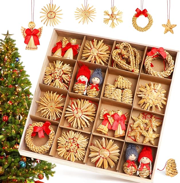 Christmas Tree Decoration, 52 PCS Xmas Straw Ornaments Personalised Christmas Tree Baubles Natural Straw Stars Hanging Pendant Set for Xmas Tree Hanging Crafts Supplies