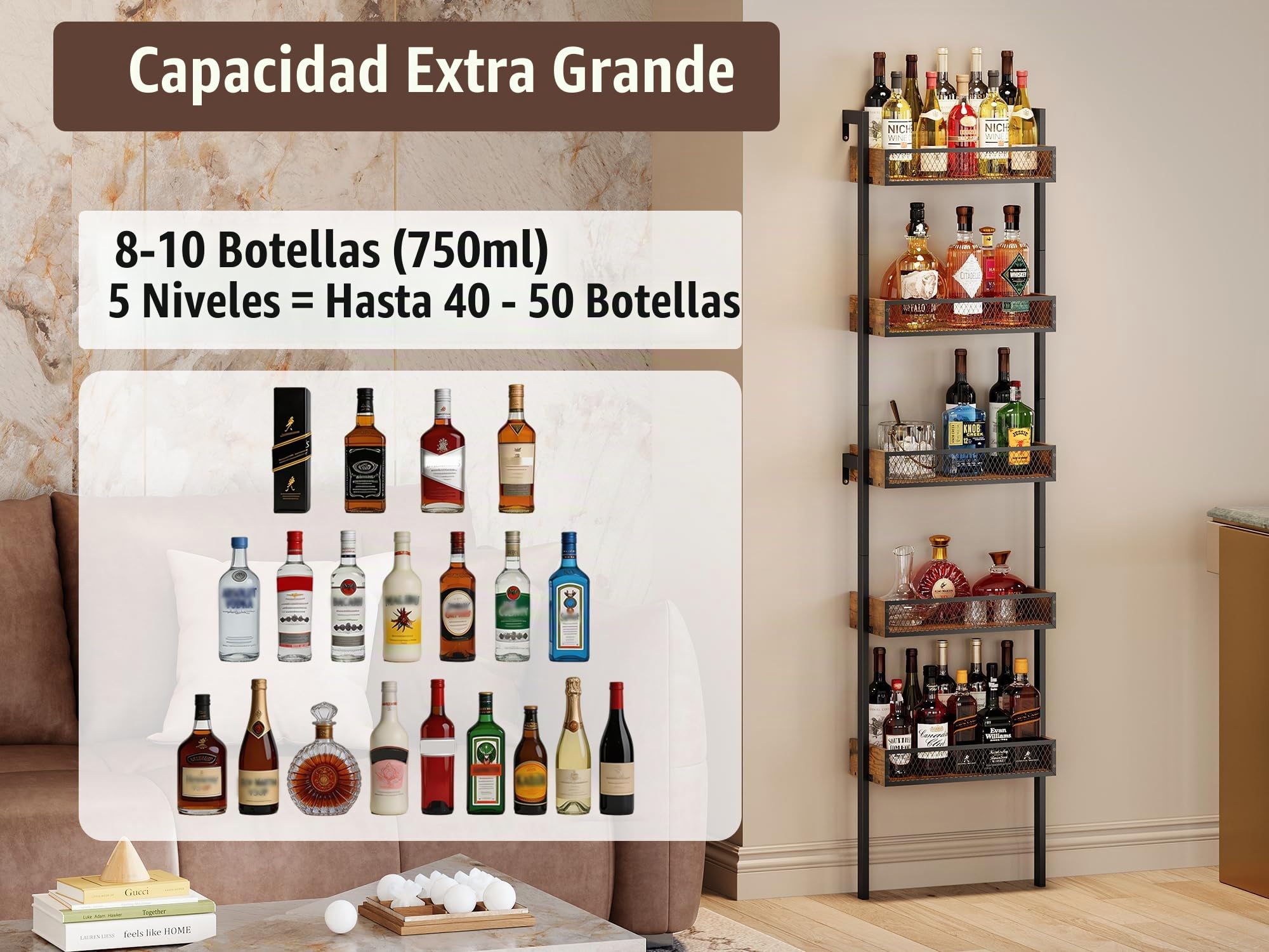 VEDECASA Botellero de 5 niveles y soporte para licor, estantería independiente para botellas de vino y licores, decoración rústica de madera/metal, bar, cocina y salón (marrón)