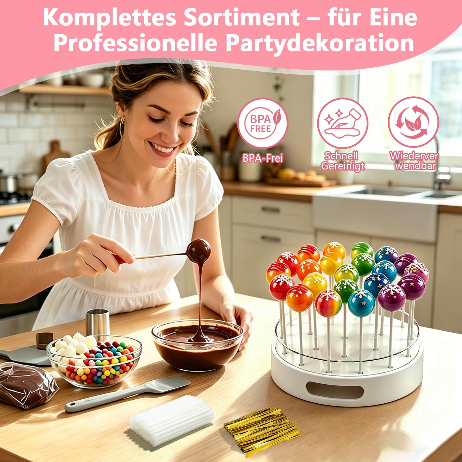 2 Stück Cake Pop Ständer, 22 Löcher Transparent Acryl Lollipop-Halter mit 100 Cake Pop Stiele und 100 Twist Krawatten, Lolly Ständer Candy Bar für Hochzeit Geburtstag Party Deko
