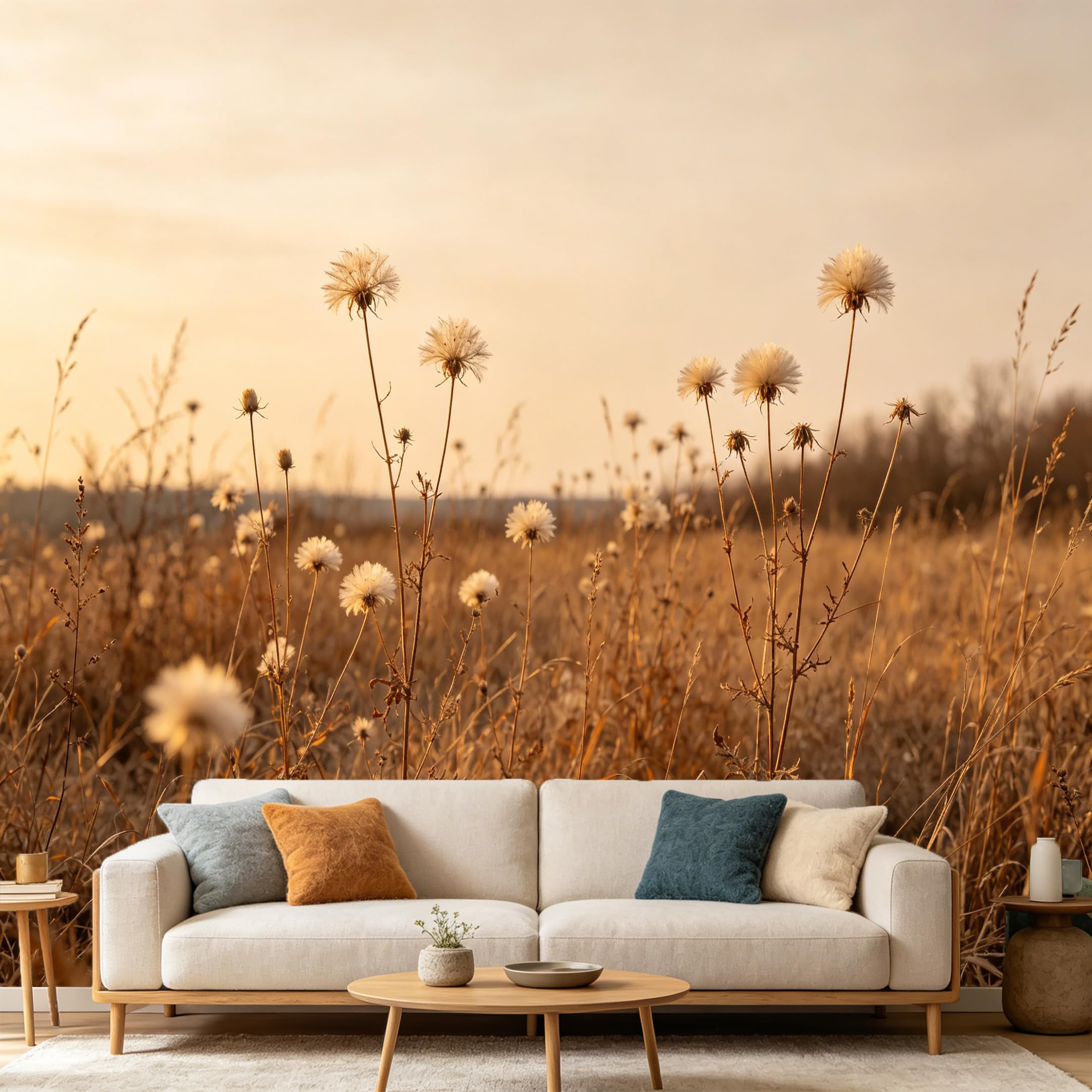 Custom Size Wall Mural Dried Wildflower Meadow Sunset Landscape Farmhouse Rustic Botanical Art SelfAdhesive Art Prints wall Fabric（No PVC） Removable Wallpaper Home Bedroom Decor