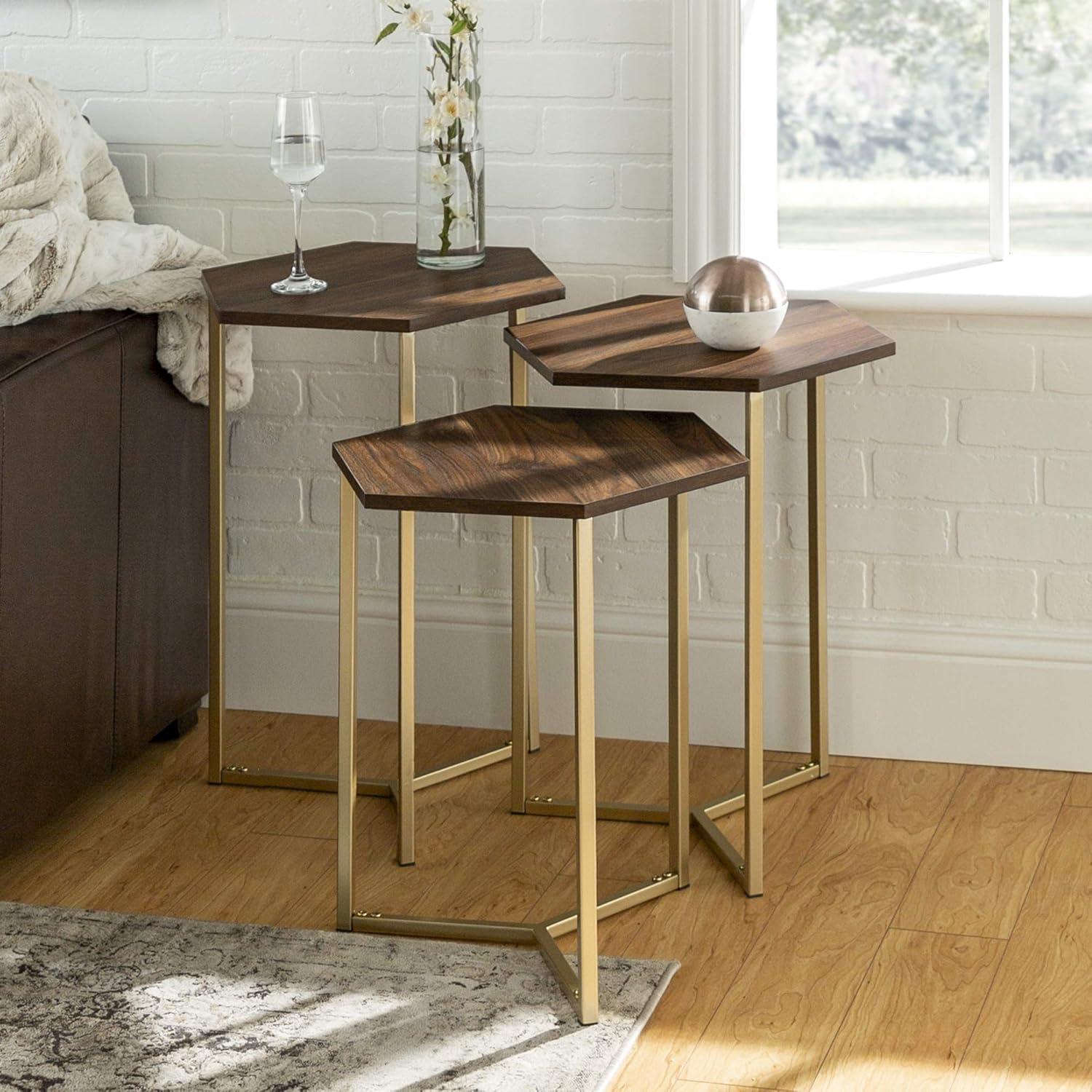 Walker Edison Modern Hexagon Nesting Side End Table Set Living Room Storage Small End Table, Set Of 3, Dark Walnut and Gold : Everything Else
