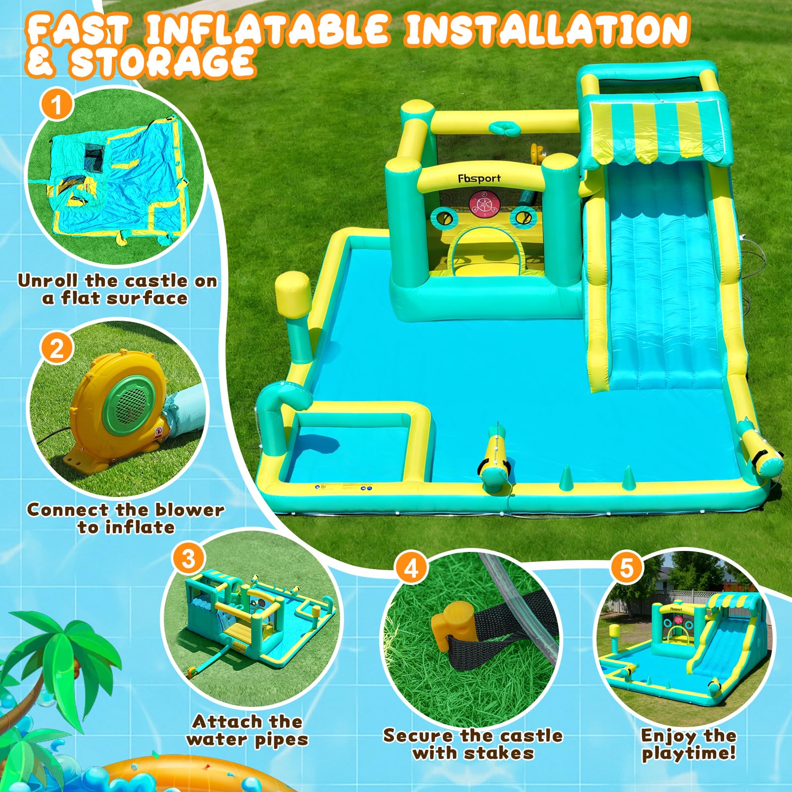 FBSPORT Castello Gonfiabile 10-in-1, Scivolo d'Acqua Castello Gonfiabile con Soffiatore 480W, da Giardino per Bambini con Piscina di Schizzo, Utilizzo Interno ed Esterno