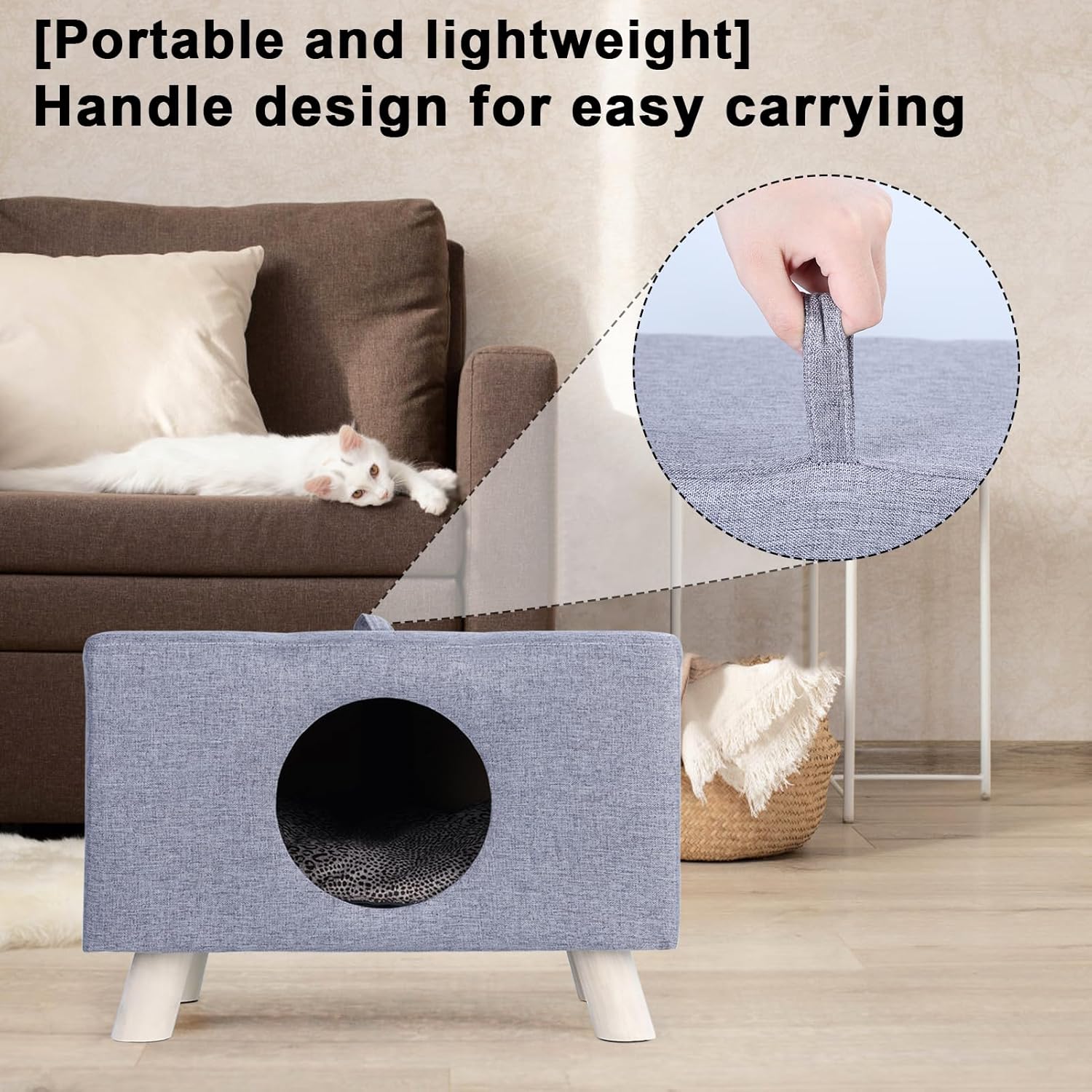 review Cat Nest, Pet House Bench, Wood Pet House Cat Cave with Mat, Pet House Foot Rest Stool with Cushion, Cube House for Cats and Small Dogs (Litter box diameter 7inch, Grey