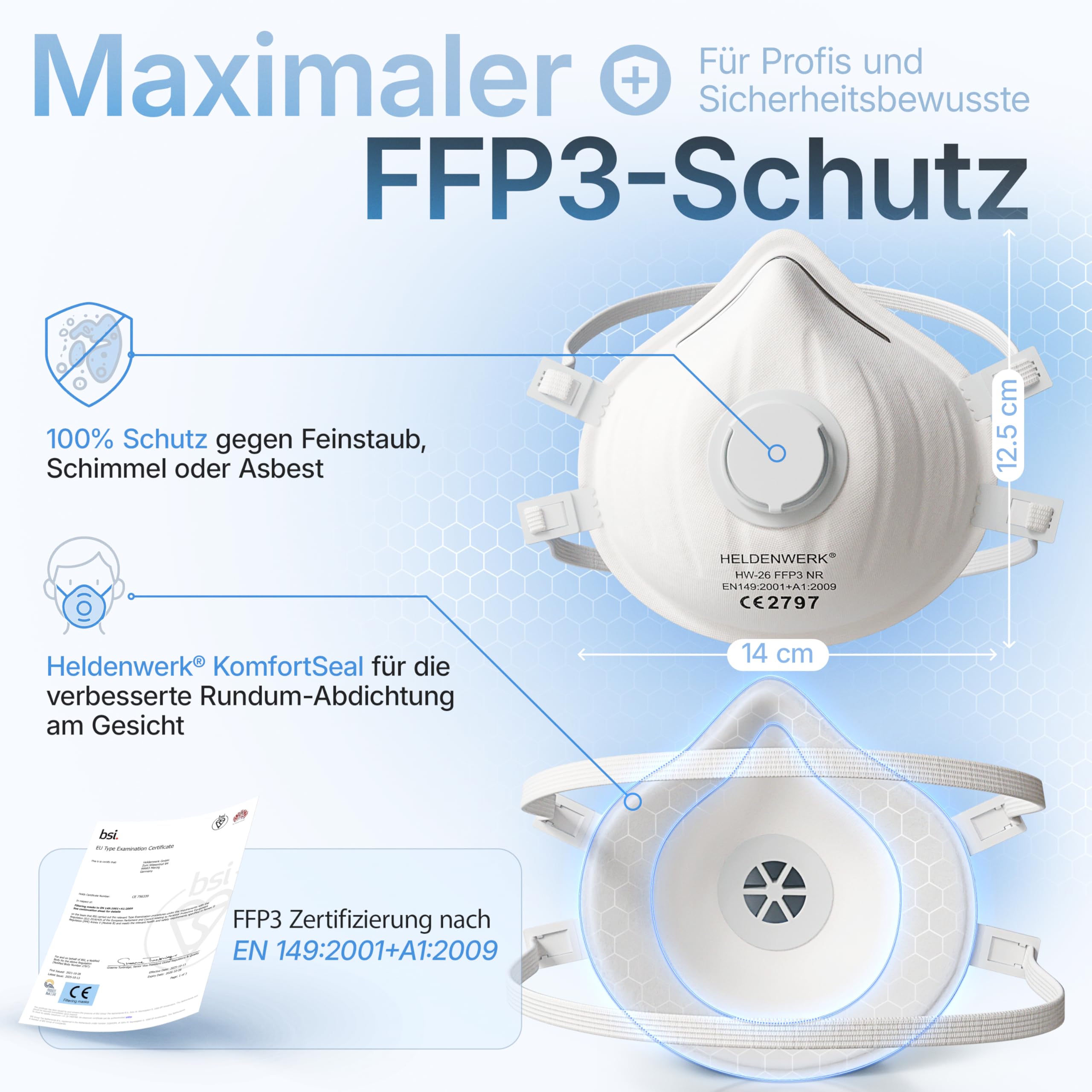 HELDENWERK Máscara FFP3 con válvula – Juego de 5, 10 o 20 unidades – Mascarilla respiratoria/antipolvo certificada válvula de exhalación – Máscaras antipolvo con banda trasera ajustable (20 unidades)