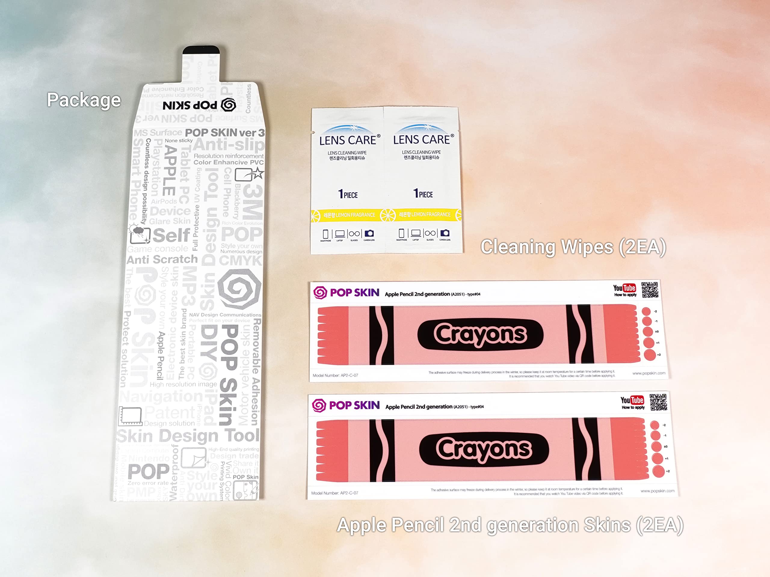 Crayons Orange Pink Design wrapping matte vinyl skin for Apple Pencil 2nd and Apple Pencil Pro, 2 Units include (Crayons Orange Pink, C-07)