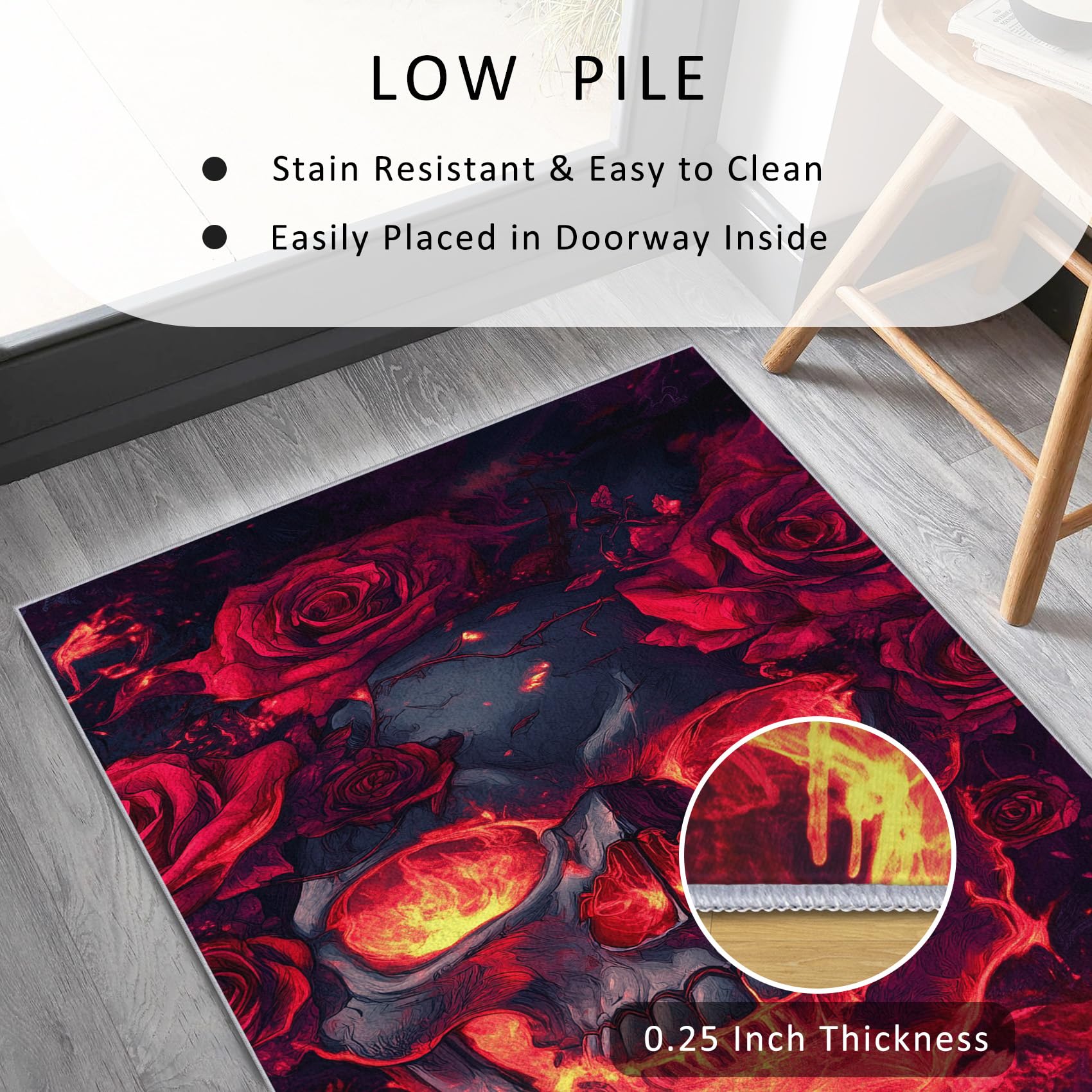 Generisch Läufer Flur Horror, Waschbarer Teppich Läufer Skelett Kleiner Totenkopf Flammen 60x200, Küchenteppich, Eingangsbereich, Bettvorleger, Schlafzimmer Deko, rutschfest, Kurzflor c236