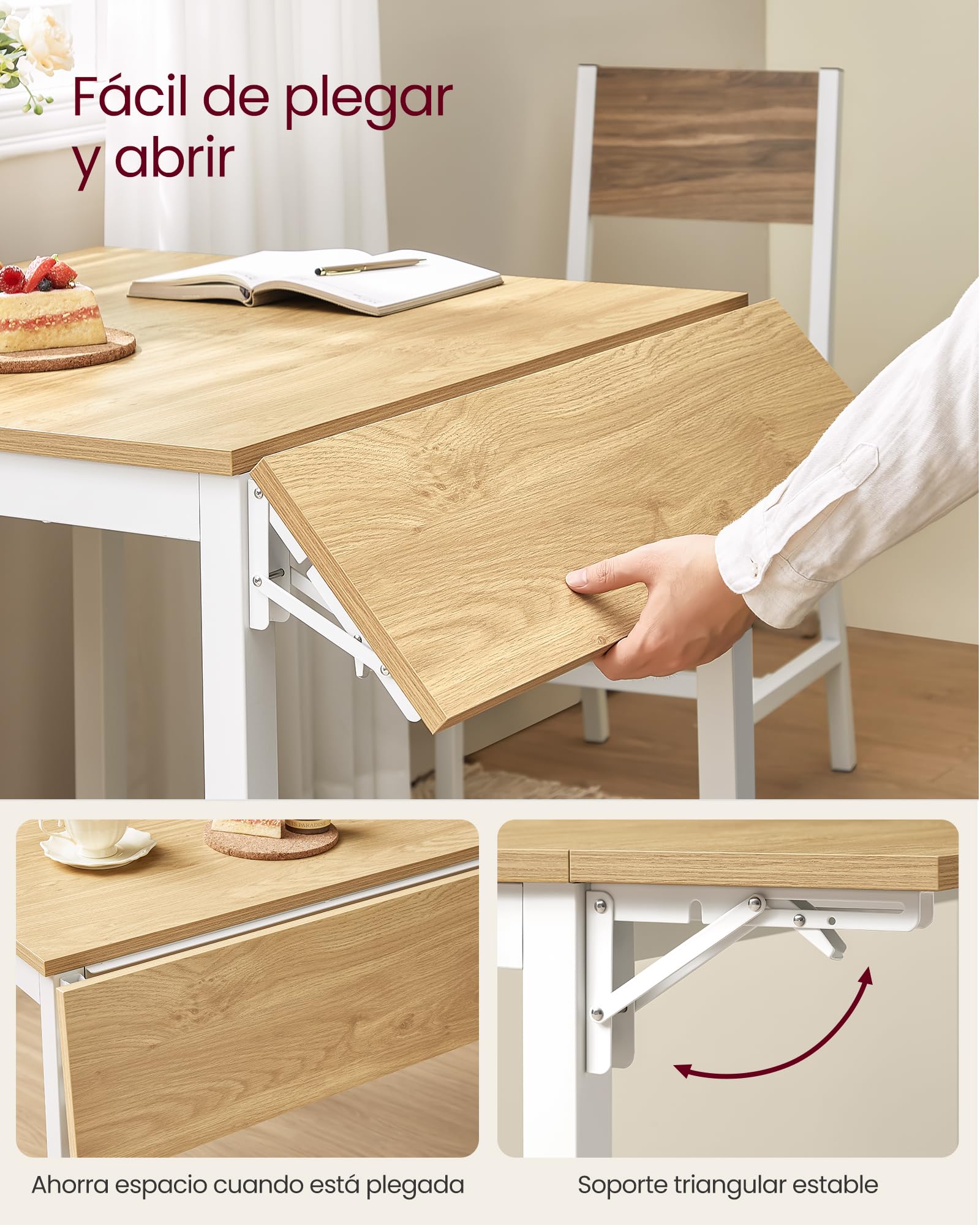 VASAGLE Mesa de Comedor, Mesa Extensible, Mesa de Hoja Abatible, para 2-4 Personas, para Cocina, para Espacios Pequeños, Roble Natural y Blanco Nube KDT077Y01