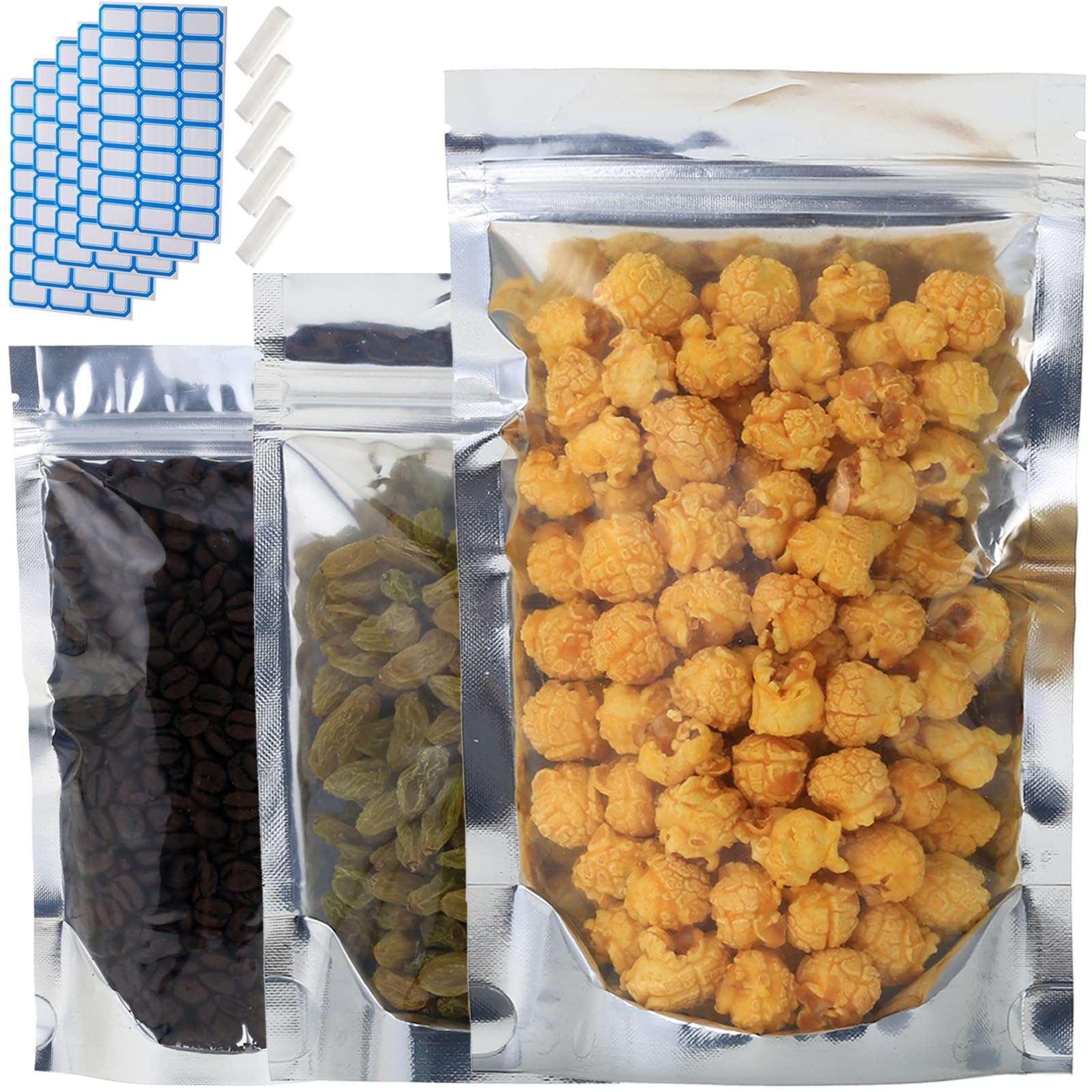 Confezione da 500 sacchetti richiudibili in mylar per la conservazione degli alimenti, 15 x 22,1 cm, con chiusura lampo, richiudibili, a prova di odore, in alluminio, con finestra trasparente