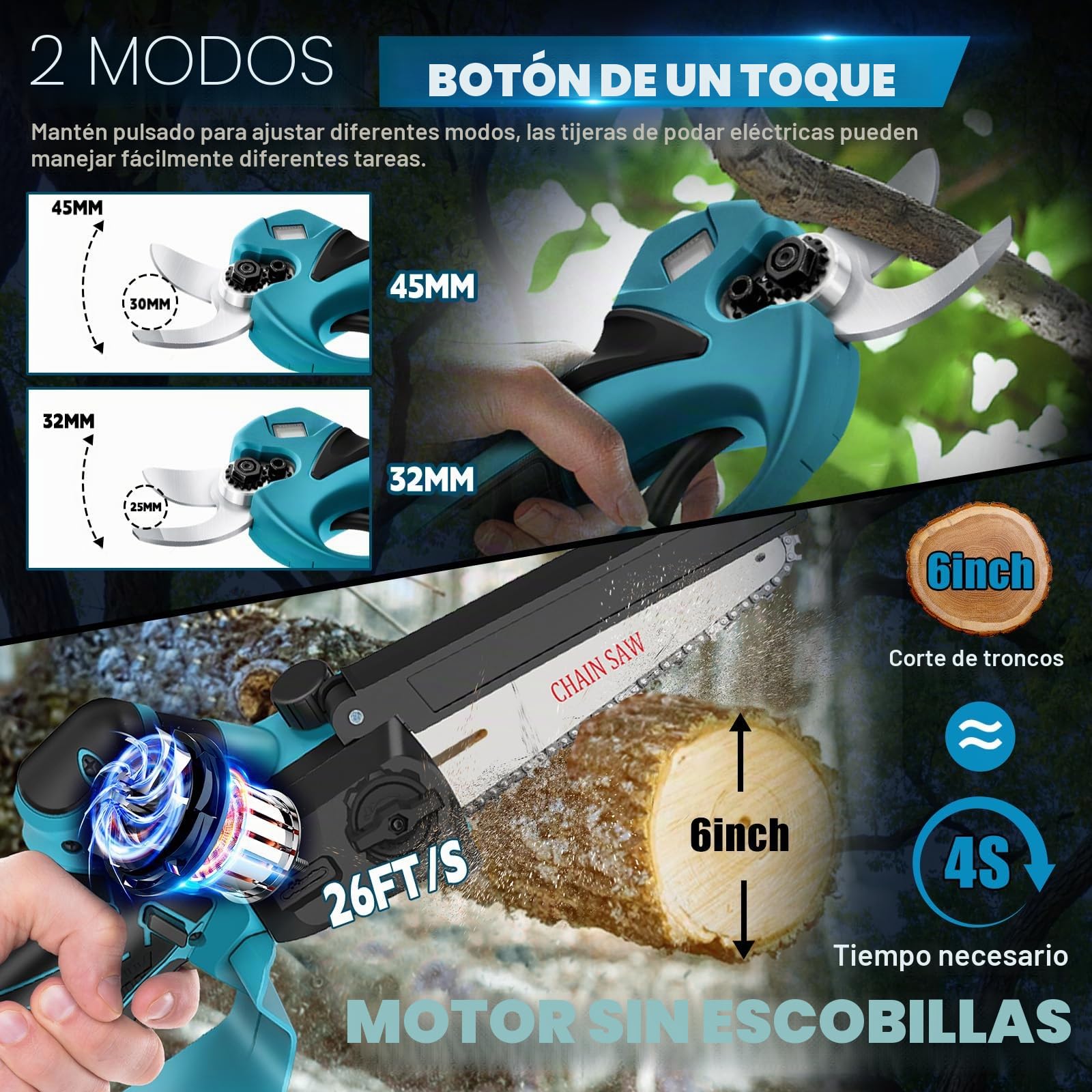 podadora de rama profesional Mini motosierra telescópica con batería | 4 en 1 6 pulgadas sierra eléctrica tijeras telescópicas y sierra de podar tijeras de podar para Makita 18 V 21 V, 4000 mAh