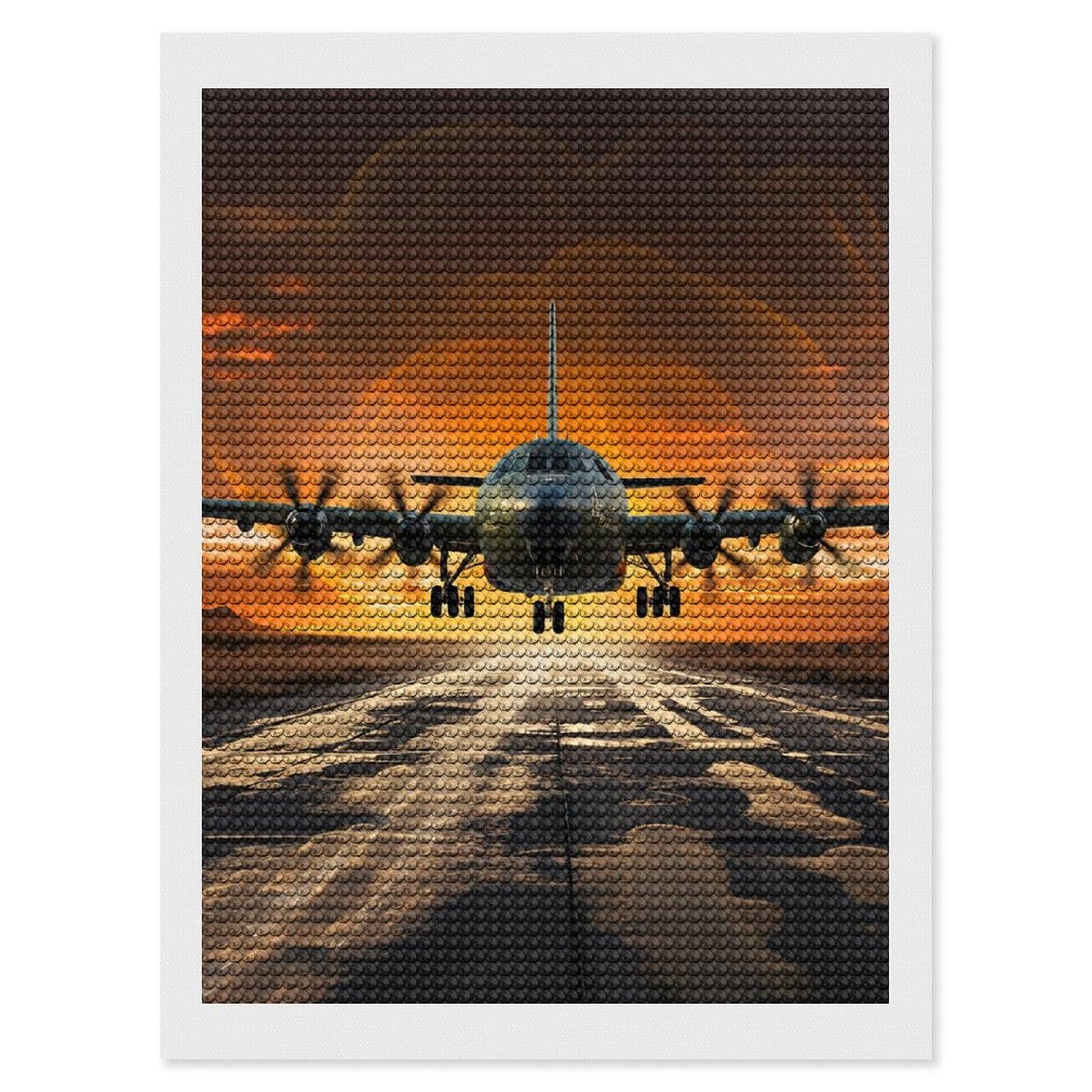 Lyhvsfjw White Adult Diy Diamond Painting Kit, Military Plane Landing On Airforce Runways Against Beautiful Dusky Full Drill 5D Round Crystal Diamond Art, Complete Cross Stitch Replacement With Tools, Home Wall Deco