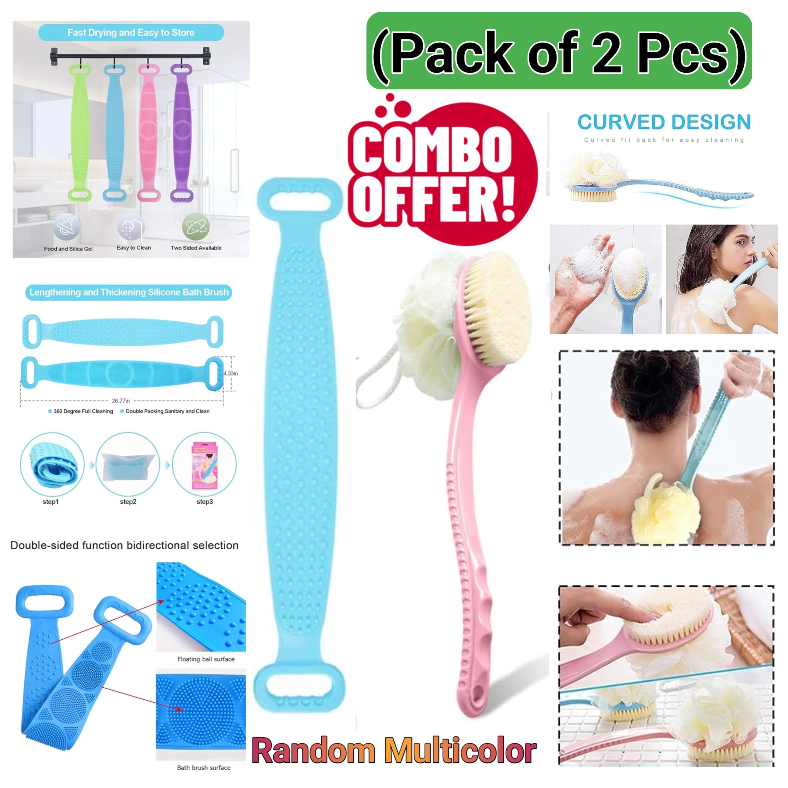 Sarthu Loofah Back Scrubber with Long Handle and Silicone Body Exfoliating Brush for Shower | Combo Pack of 2 | Deep Cleansing, Dead Skin Removal & Massage | Ideal for Men & Women | Multicolor