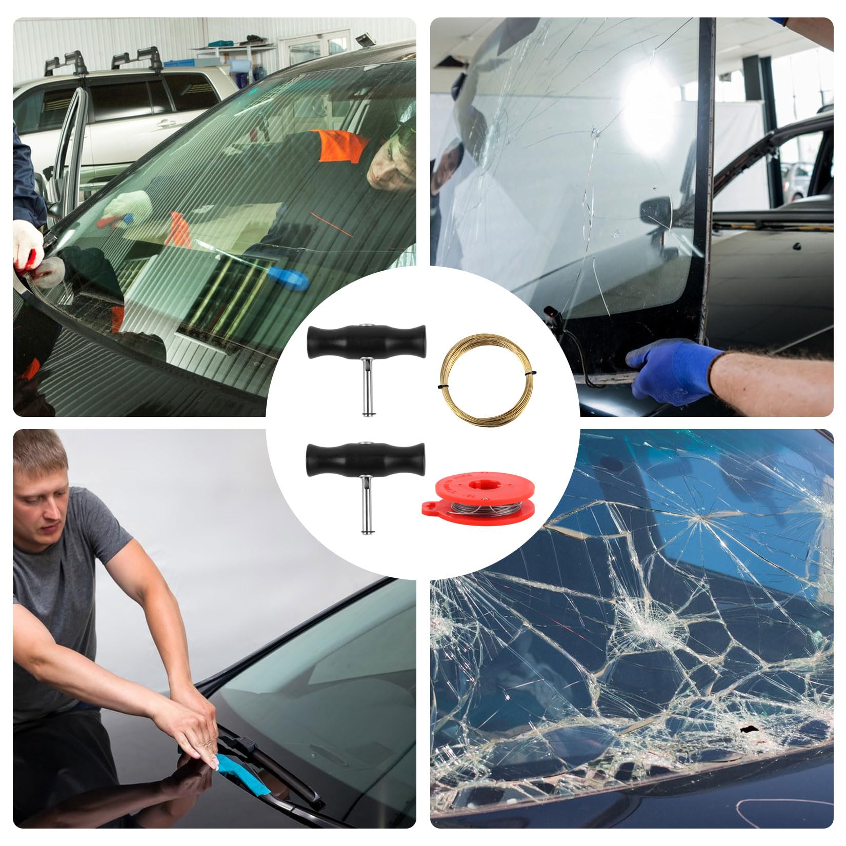 4 attrezzi per parabrezza, filo da taglio per parabrezza: 2 attrezzi per la rimozione del parabrezza dell'auto, maniglie e 2 rotoli di filo da taglio (20 m + 10 m), strumento di rimozione della