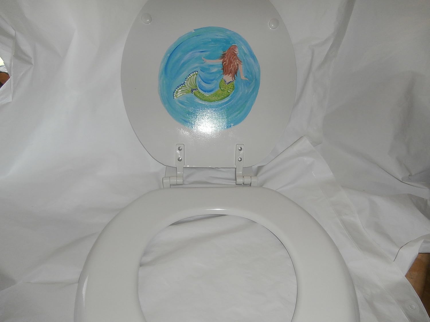 Hand painted swimming mermaids standard white toilet seat.