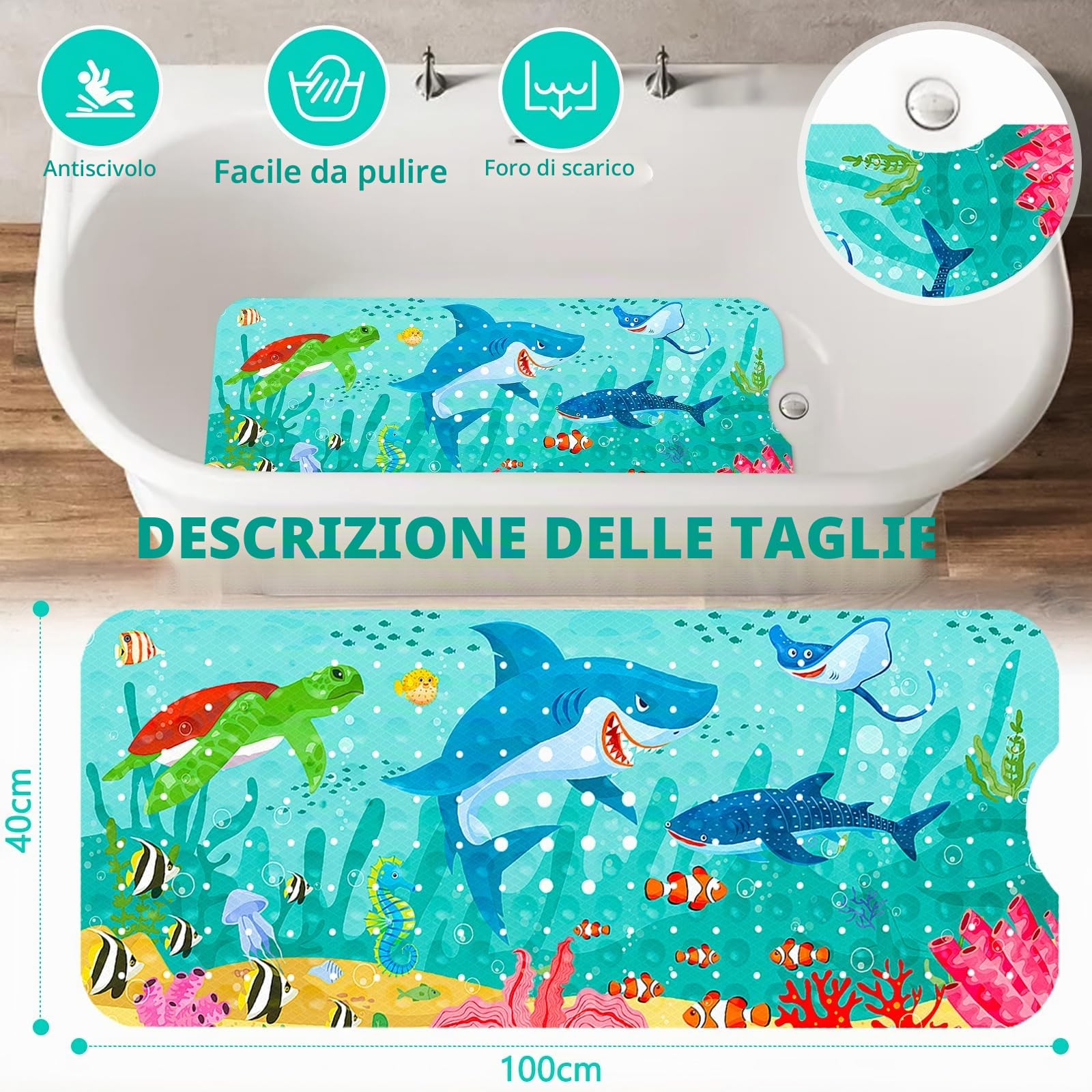 ZLPBAO Tappeto Antiscivolo Doccia, Tappeto per Doccia Bambini con 203 Ventose 100x40cm Tappeto Vasca Antiscivolo da Bagno e Doccia, Modello Animale Marino, Senza BPA