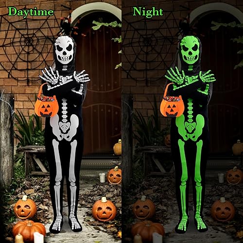 Miniatura 3 de Disfraz de esqueleto que brilla en la oscuridad para niños pequeños, mameluco de Fortnite de Halloween para niños y niñas con bolsa de calabaza y
