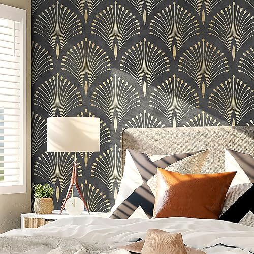 Miniatura 4 de Livelynine Papel tapiz Art Deco de oro negro, despegar y pegar, papel de pared con acento de plumas de pavo real oscuro, autoadhesivo, moderno,