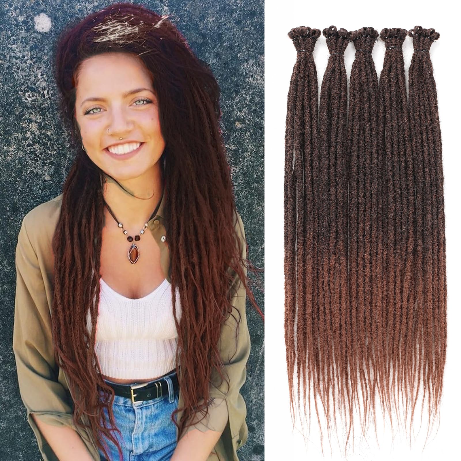Leeven 40 Strands Synthetic Dreadlock Extensions 24 Inch Ombre Brown Thin Single Ended Dreads Extensions Handmade SE Hippie Dreads Reggae Style Loc Extensions Crochet Hair for Women Men