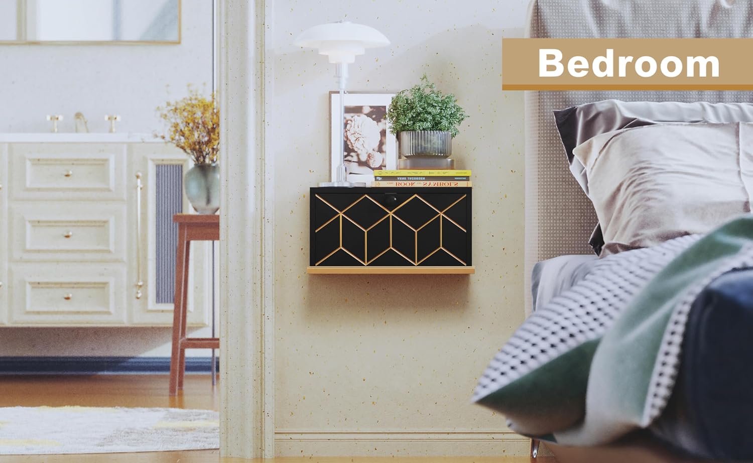 HLR Floating Night Stand mounted on a wall in a bedroom, showcasing its compact design.