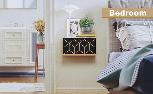 Miniatura 8 de HLR Morden - Mesita de noche flotante, mesita de noche pequeña para dormitorios, mesita de noche flotante montada en la pared con borde dorado, negro