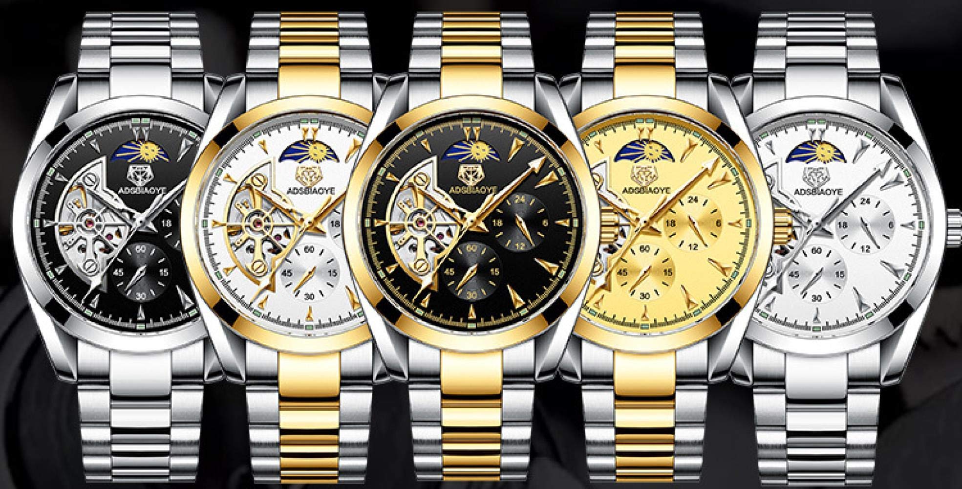Orologi Da Polso,Orologio Da Uomo Automatico Automatico A 6 Pin Impermeabile Con Fasi Lunari Tourbillon, Quadrante Dorato E Nero