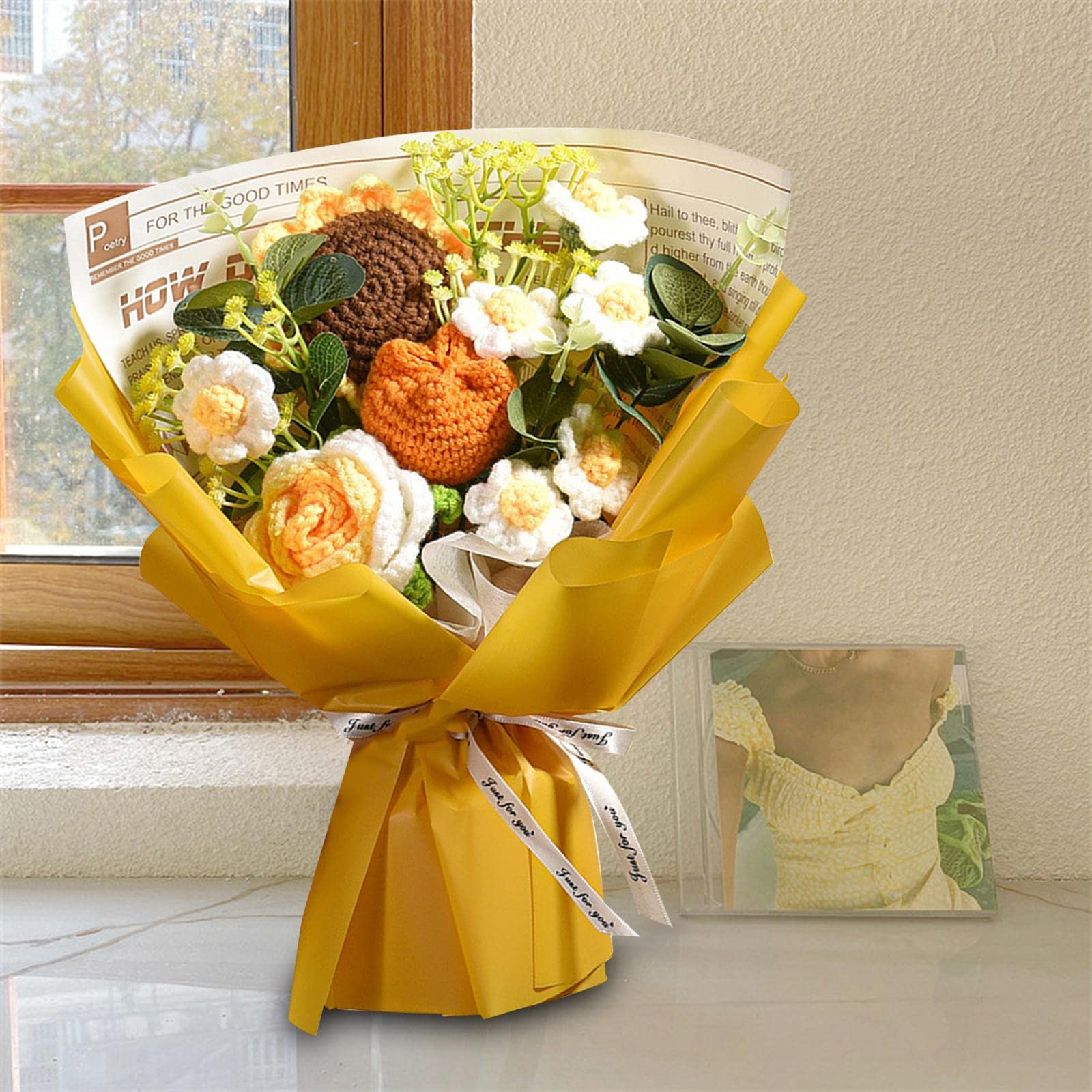 Colcolo Crochet Fleurs Bouquet DIY Décor Maison Tricot Daisy Bouquet Table Centre de Table Décor Journal Jaune