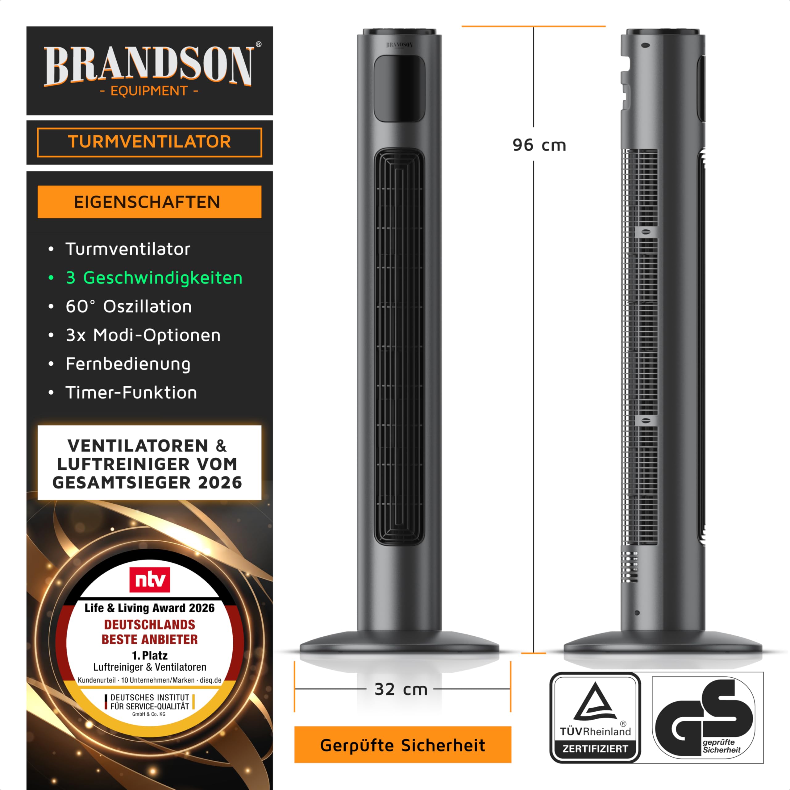 Brandson Standventilator 96 cm mit Fernbedienung leise Oszilation 3 Geschwindigkeiten Timer GS Cool Grey
