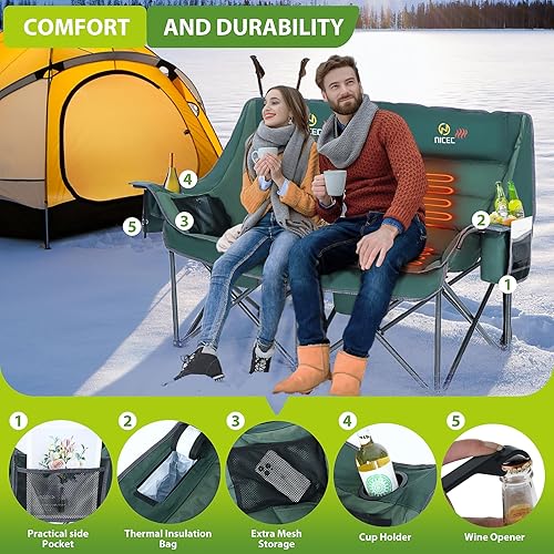 Miniatura 6 de Nice C Silla de camping climatizada con batería, sofá doble calefactado para acampar, sofá biplaza acolchado grueso de gran tamaño, silla de