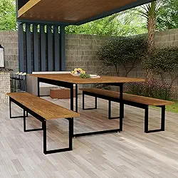 Conjunto Mesa e Bancos de Madeira com Estrutura em Ferro Estilo Industrial para Área Externa e Interna (Nature)