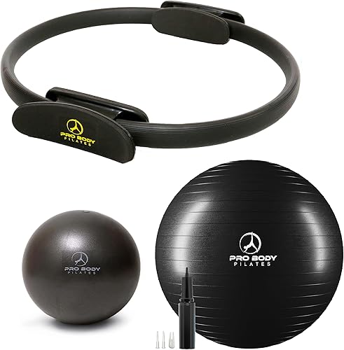ProBody Pilates Círculo mágico negro de 14 pulgadas, mini pelota de ejercicio de 9 pulgadas y pelota de yoga de 25.6 in (3 piezas) para estabilidad,
