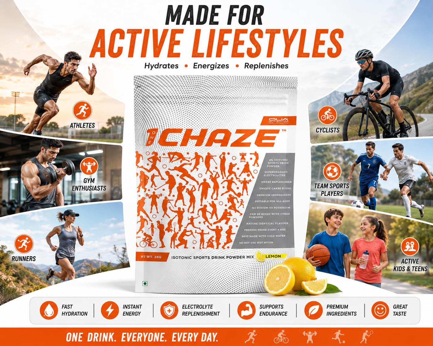 QUA Nutrition1CHAZE Isotonic Sports Drink Powder 2kg | 6% Isotonic Hydration Energy Drink | Pre & Post Workout Nutrition Drink for Men and Women | Multi-Vitamin Electrolytes | Restores Hydration & Energy — Amazon image 7