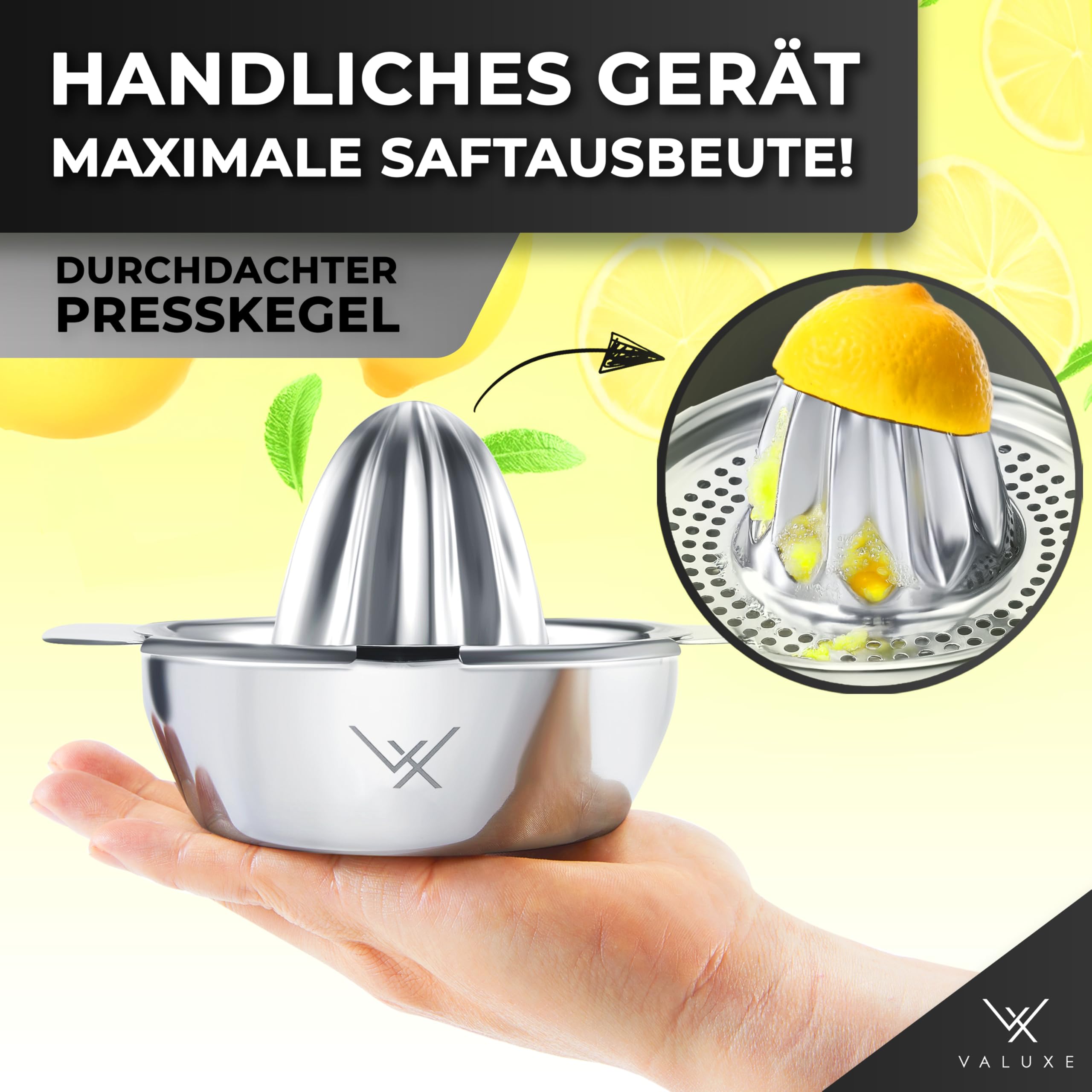 VALUXE® Premium Zitronenpresse Edelstahl - Zitruspresse für Zitronen, Limetten & Orangen mit 350ml Behälter - Manuelle Limetten-Presse, Lemon Squeezer spülmaschinengeeignet