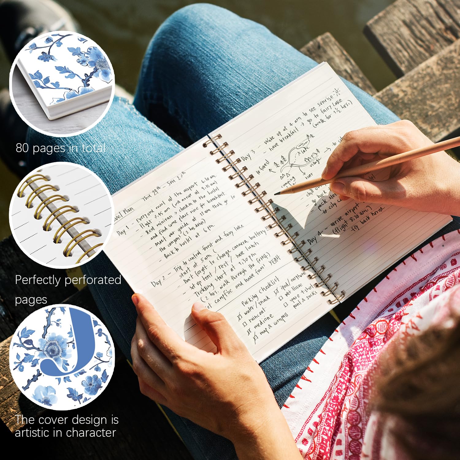 Chinoiserie - Taccuino personalizzato con lettera J | Taccuino con monogramma per donne adolescenti, diario personalizzato, quaderno a spirale a righe universitarie, 5,5 x 8,3 cm