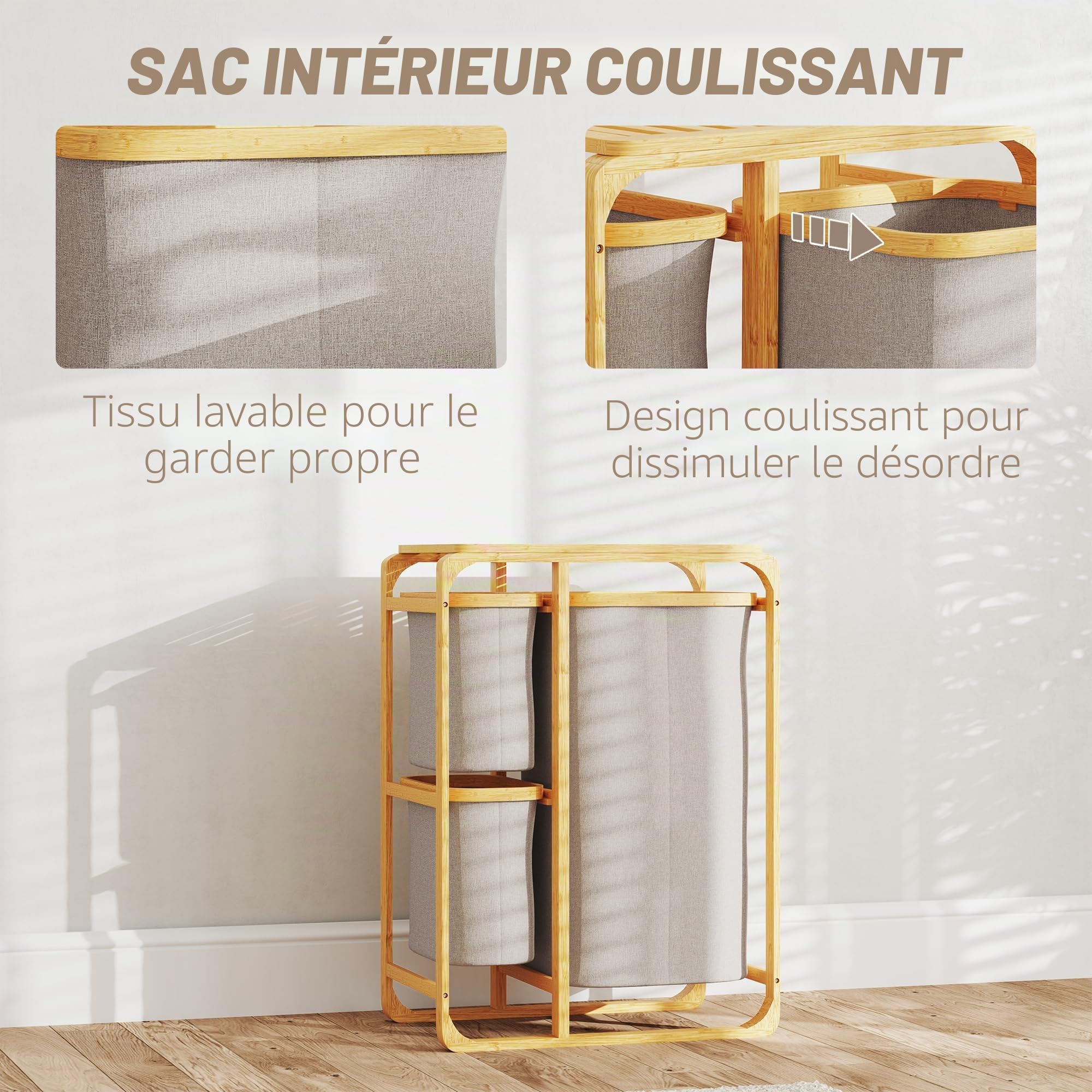 HOMCOM Panier à linge avec 3 sacs et étagères amovibles en textile, panier à linge en bambou, 50x32x69.7 cm, bambou et couleur crème
