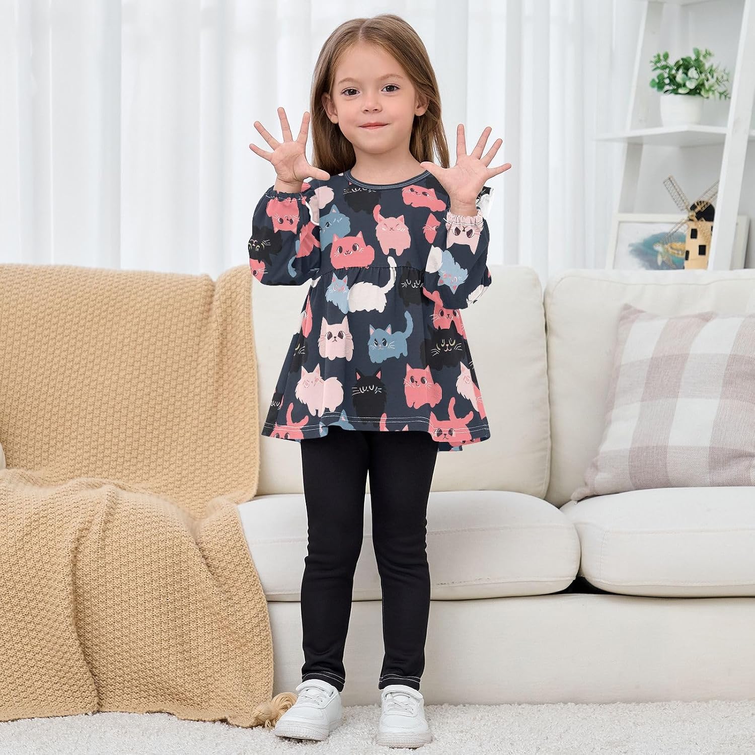 visesunny Toddler Clothes for Girls Colorful Cartoon Cat Long Sleeve Fall Shirts Cotton Top with Ruffle Collar
