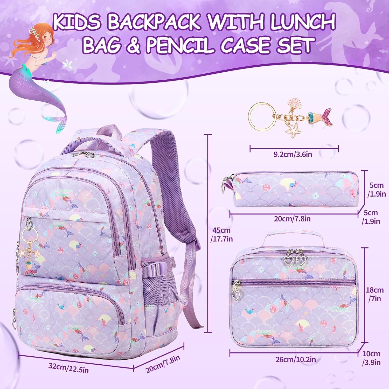 Kids Backpack for Girls 4Pcs Mermaid Backpacks Lunch Box Pencil Case For Kids School Backpack Lightweight for Middle School (Purple)