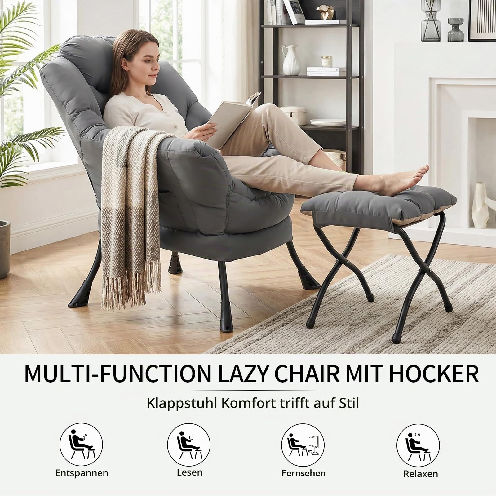 Clevich Relaxsessel mit Hocker, ergonomischer Sessel Wohnzimmer, Dunkelgrau