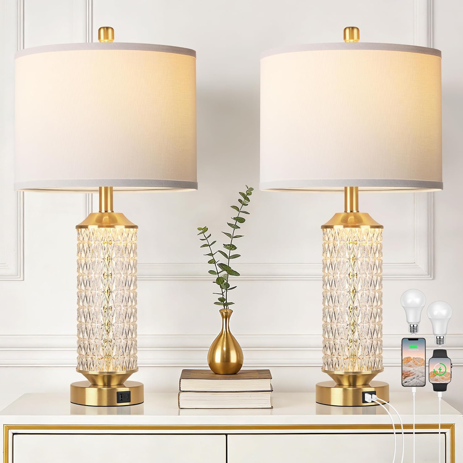 QiMH Gold Lamps for Living Room with LED Night Light,26" Modern Beside Lamps Set of 2 with Linen Shade & USB A+C Ports,Glass Table Lamps for Bedroom, Nightstand, Office, Home Decor(2 Blubs Included)