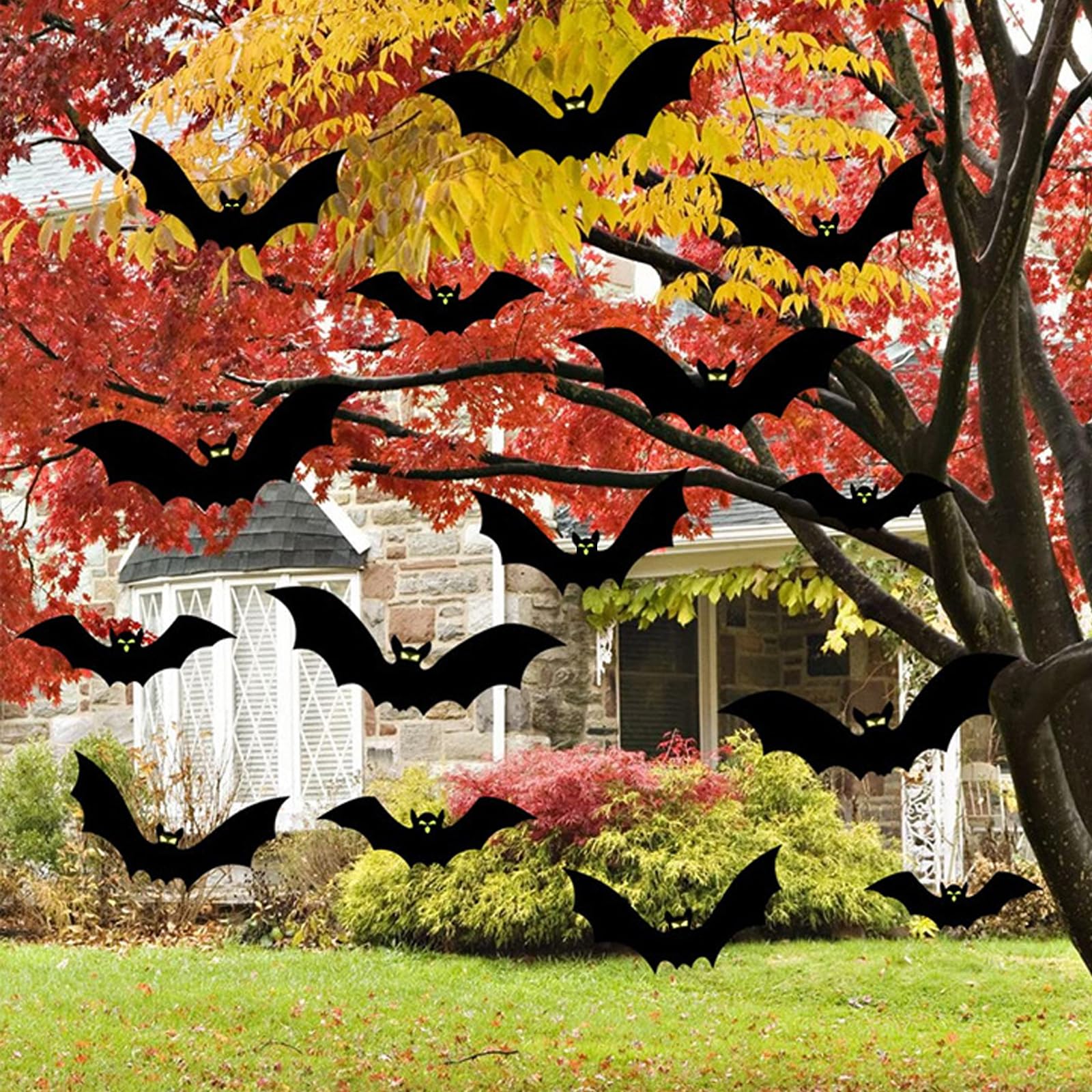 Beauenty 18Pcs Halloween Hanging Bats Decoration Outside, Glowing Eyes, Large Flying Plastic Halloween Bats Outdoor Decor, 3 Different Sizes for Hanging in The Tree, Porch, Yard, Lawn, Indoor (B)