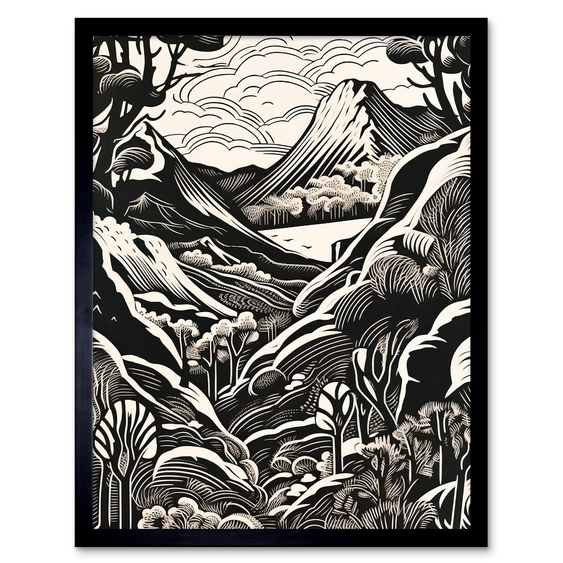 Artery8 Forest Mountain Landscape Black and White Linocut Art Print Framed Poster Wall Decor 12x16 inch