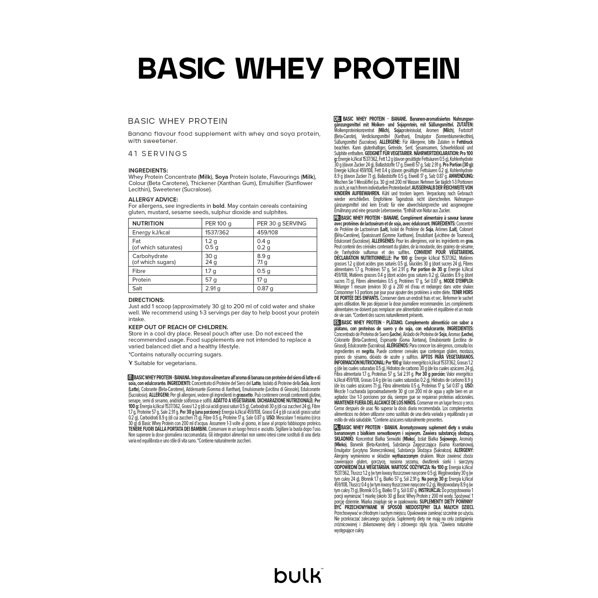 Bulk Basic Proteine del Siero in Polvere | Banana | 2,5 kg | 82 Porzioni | Fino a 18 g di Proteine | Basso Contenuto di Zuccheri | Rapido Assorbimento | Supporta la Crescita e il Recupero Muscolare