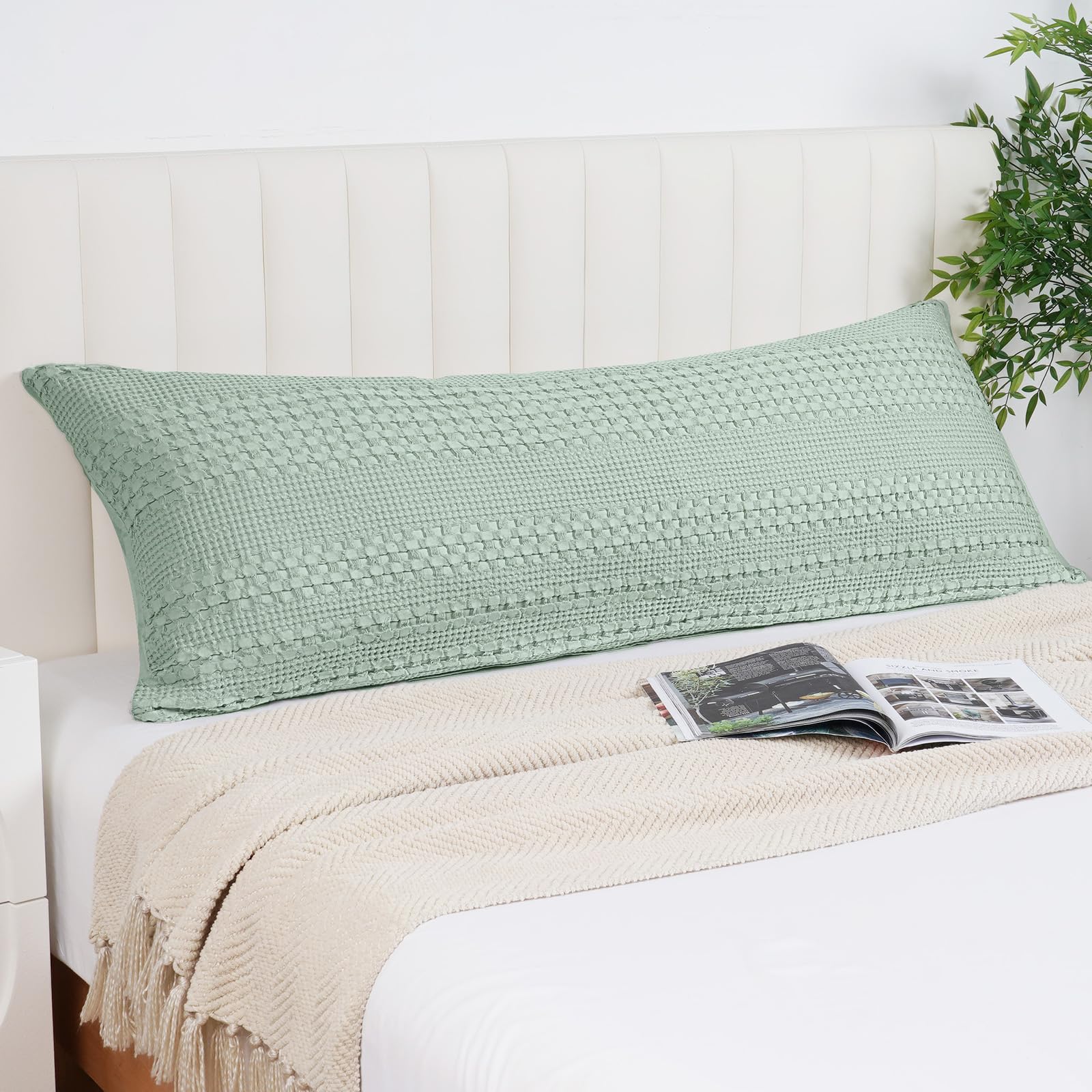 phf 100% cotton waffle body pillowcase with zipper, 1 pack 20" x 54" soft skin-friendly pillow sham, no filling, aesthetic woven and breathable waffle weave body pillow cover for bed, mint green