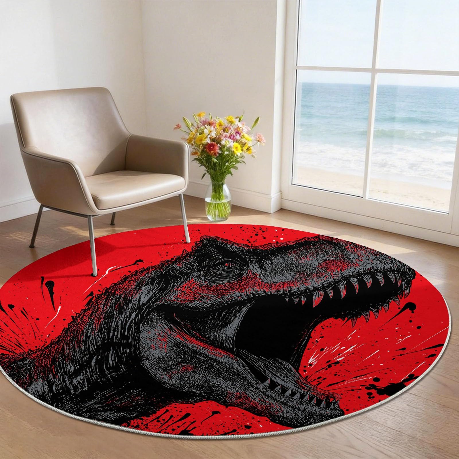 Générique Zmywalny okrągły dywan - efekt 3D dinozaur anime, antypoślizgowy, nowoczesny dywan do salonu, sypialni, kuchni dziecięcej, wielokolorowy