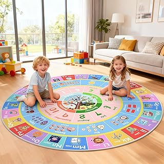 ABC Round Kids Rug for Playroom, 4ft Alphabet Small Classroom Rug, Educational Kids Play Mat With Number Shape Animal Seas