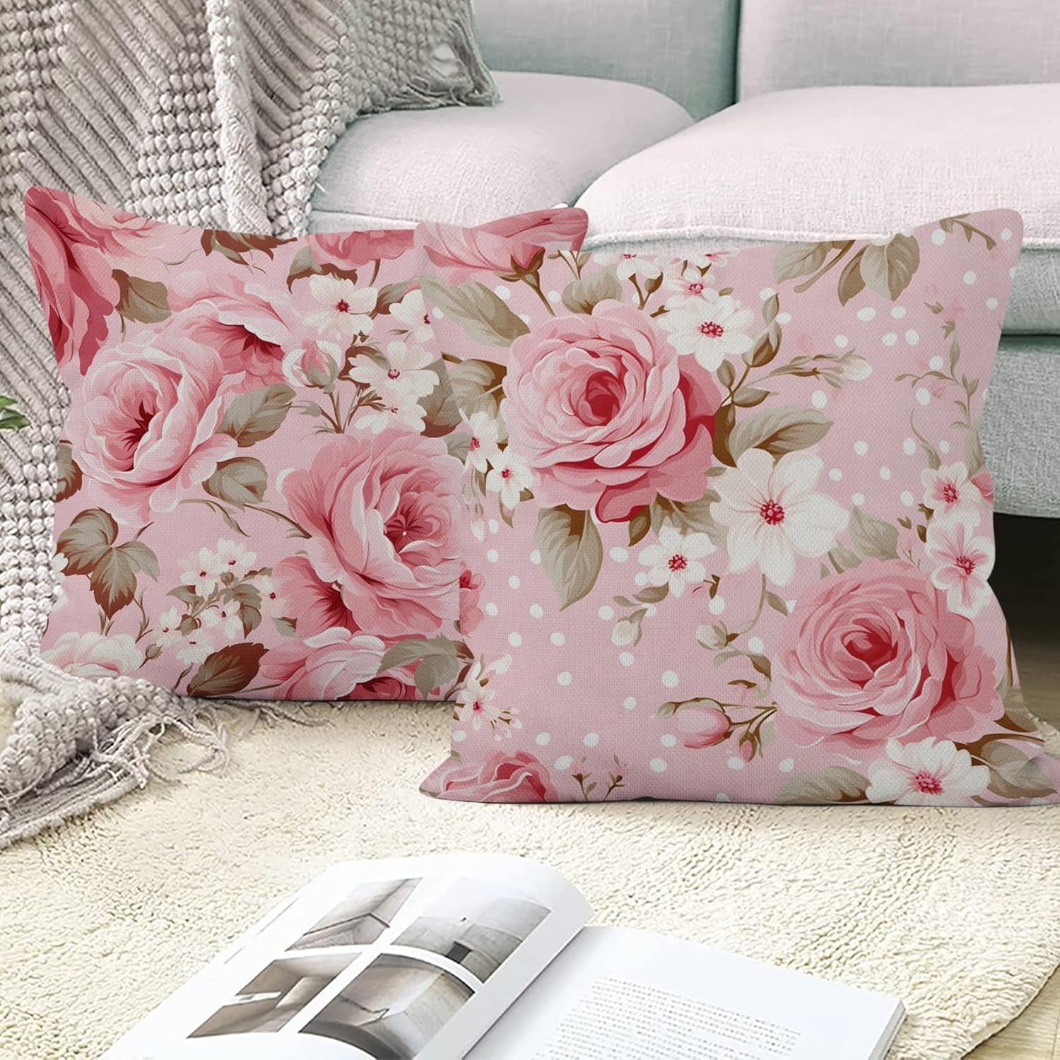Rose Flowers Pillow Covers Pink Floral Green Leaves Set of 4 Blooming Peony Bouquet Retro Vintage Romantic Square Linen Pillowcases for Outdoor Couch Sofa Bedroom Patio Farmhouse 22x22Inch